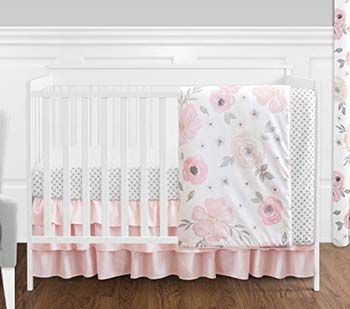 2. Sweet Jojo 4 Pc Blush Pink, Grey and White Watercolor Floral Baby Girl Crib