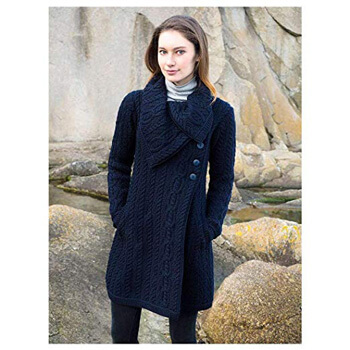 8. 100% Merino Wool Aran Crafts Ladies 3 Button Long Cardigan Navy