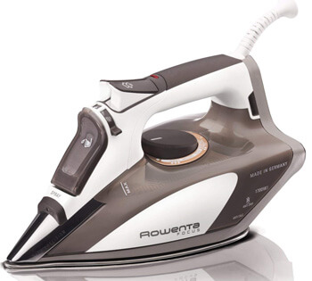 1.Rowenta 1700-Watt Micro Steam Iron Stainless Steel Soleplate with Auto-Off, 400-Hole, Brown, DW5080