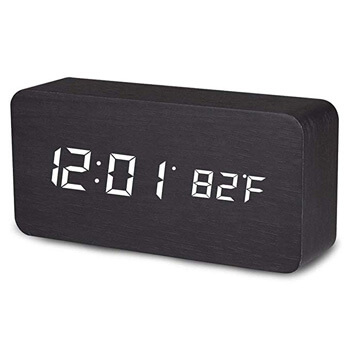 2. MiToo Digital Alarm Clock, Temperature Date LED Display Wood Grain Clock 3 Levels Brightness Voice Control 