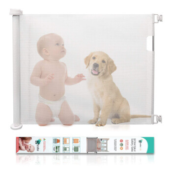 2. Retractable Baby Gate, GIROBE Mesh Safety Gate for Babies and Pets, Pet Dog Gate (Silver White)